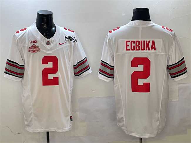 Mens Ohio State Buckeyes #2 Emeka Egbuka White 2025 CFP Final With National Champions Patch F.U.S.E. Vapor Limited Stitched Jersey